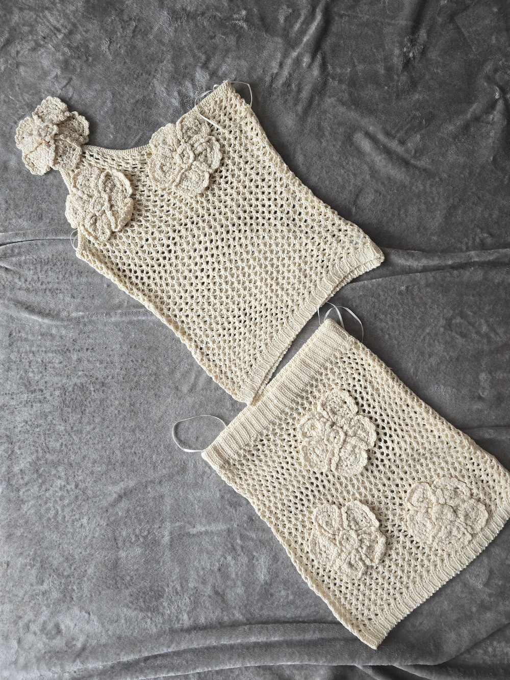 Isabella Quinn Inspired Cream Crochet Two-Piece Set with Flower Appliqués